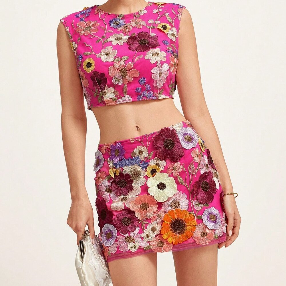 Boho Pink Women's Embroidered Floral Top Set - Picture 6 of 6